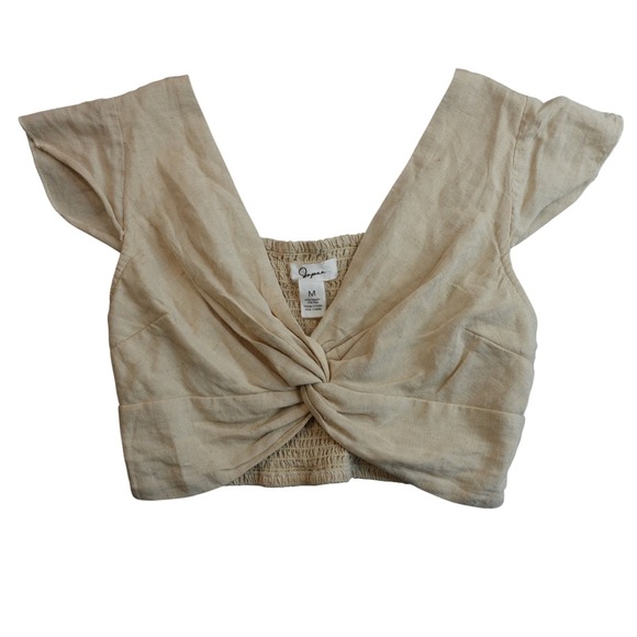 Japna Tops - Flax Linen Crop Top Womens M Beige Twist Front Minimalist Coastal Earthy Neutral
